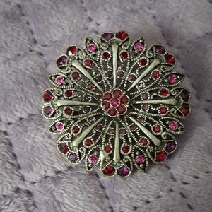 Elegant Silver and Red Floral Brooch